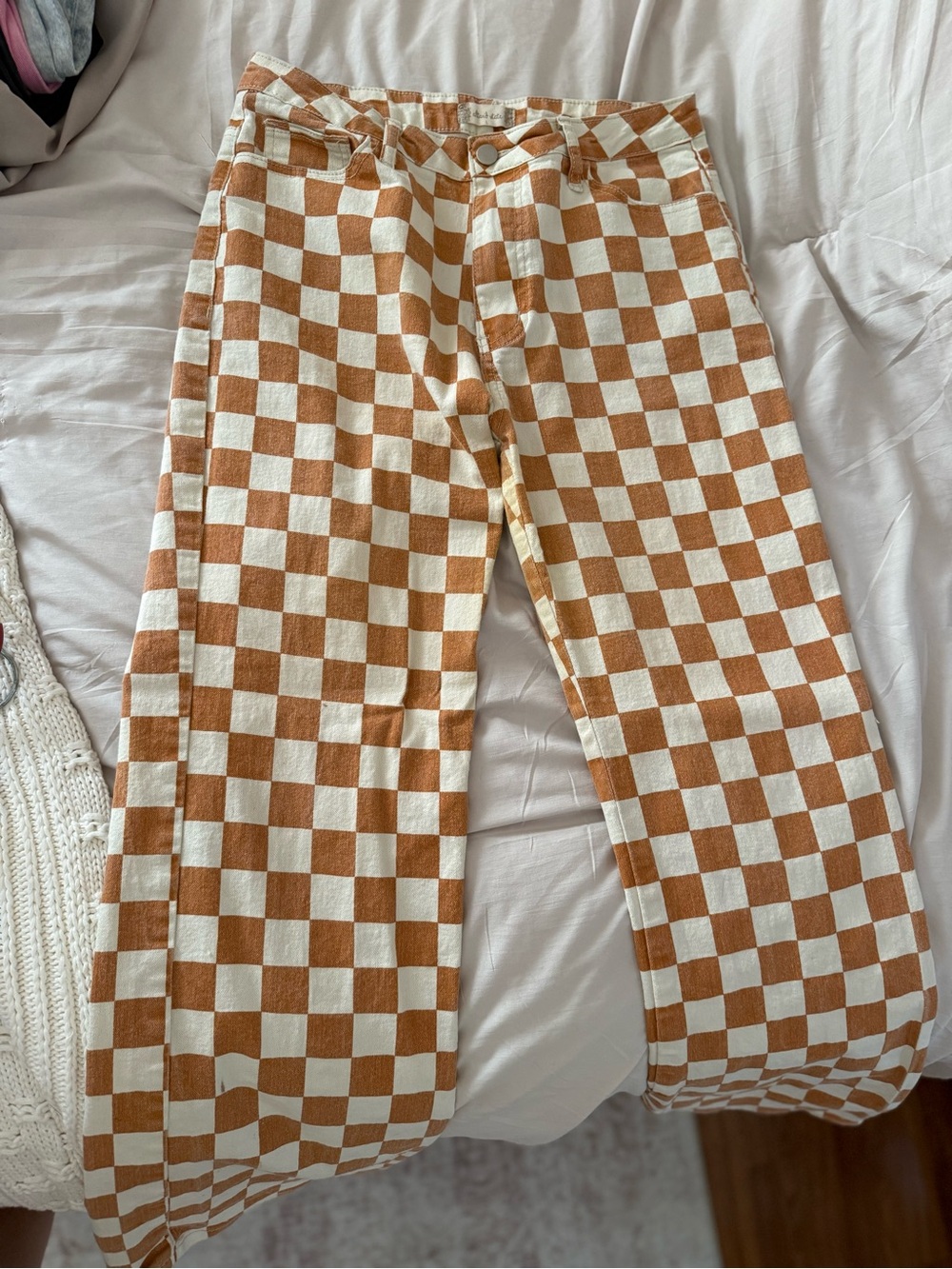 Altar'd State Orange and White Checkerboard Straight Jeans